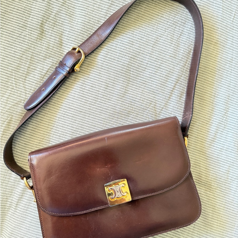 Celine Brown Messenger Bag with Gold Hardware and Structured Design